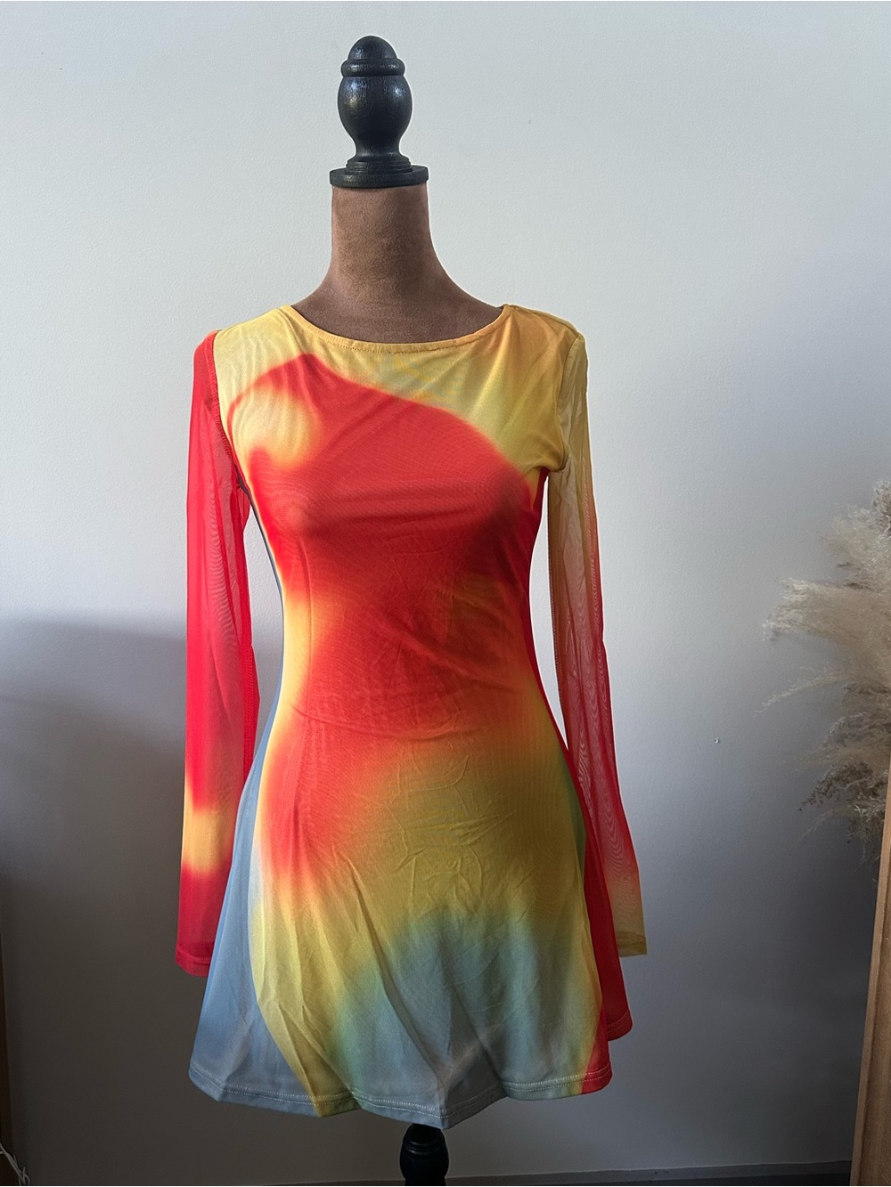 Women’s Red Yellow Ombre Long-Sleeve Fit & Flare Dress
